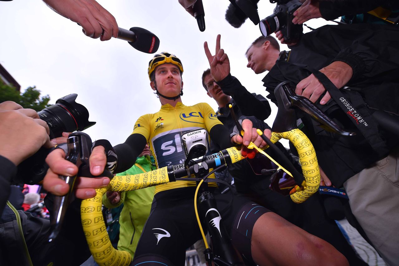 Geraint Thomas talks to the media at the Tour de France
