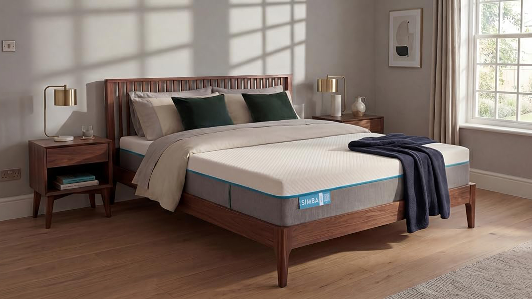 The Simba Simbatex Cool Mattress, pictured here in a neutral-coloured bedroom and placed on a simple wooden bedframe, launched today at Amazon and is exclusive to the online retailer, with prices from &pound;349 and a choice of five sizes to pick from