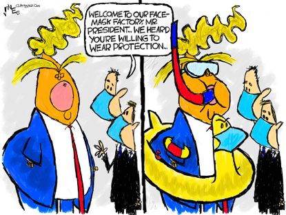 Political Cartoon U.S. Trump mask factory coronavirus