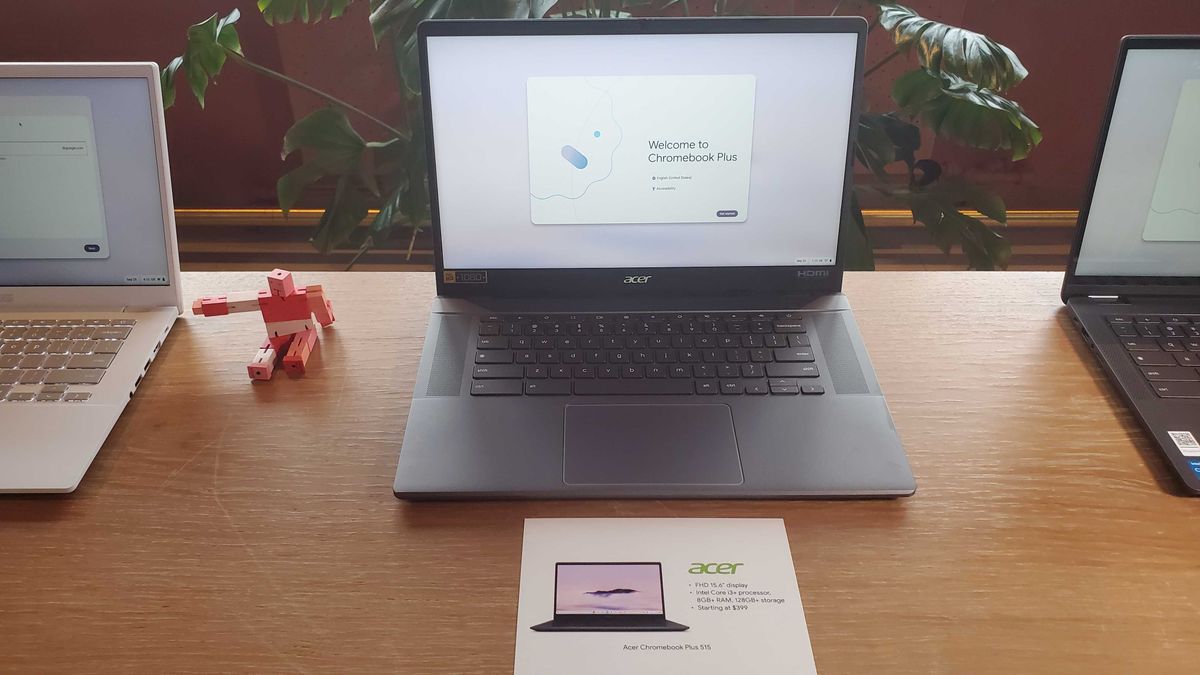 Chromebook Plus laptop on wooden table