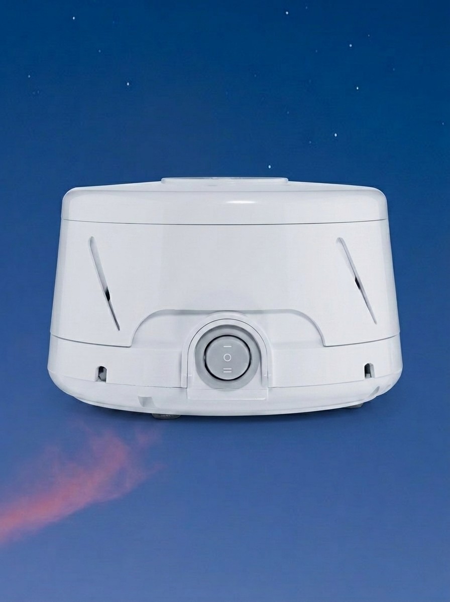 A Yogatech White Noise Machine against a blue night sky, edited by Gemini
