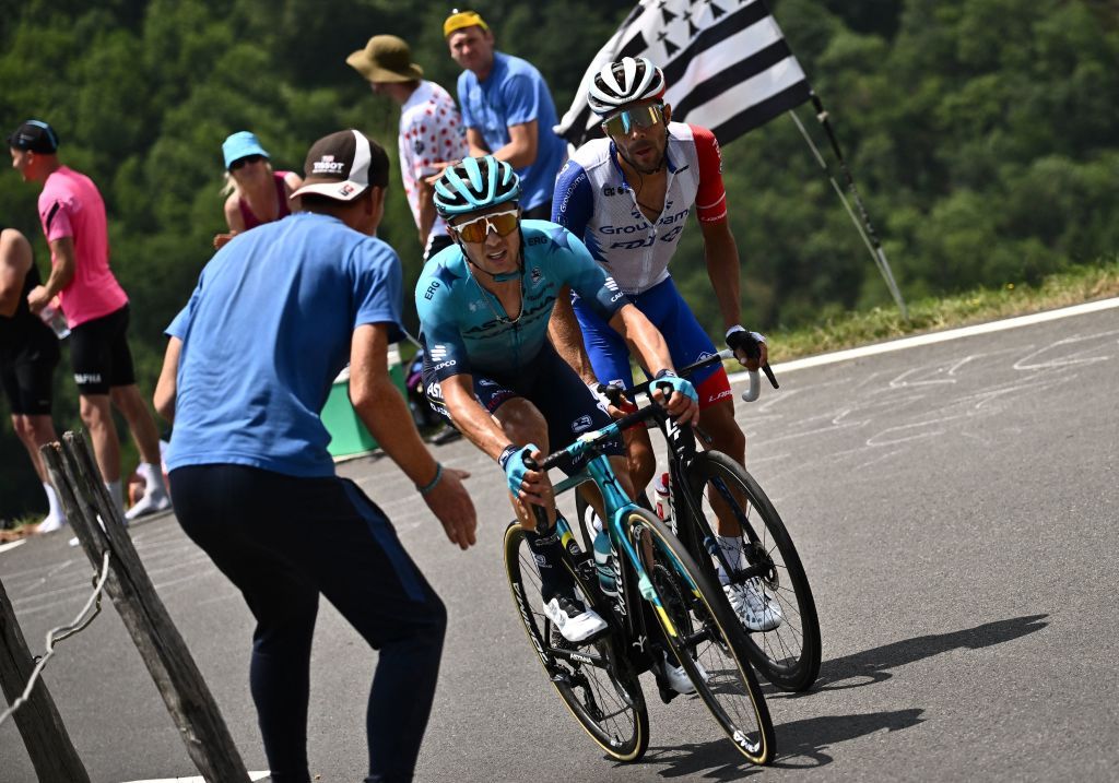 AstanaQazaqstan Teams Kazakh rider Alexey Lutsenko L and GroupamaFDJ teams French rider Thibaut Pinot R cycle in a breakaway in the ascent of Hourquette dAncizan during the 17th stage of the 109th edition of the Tour de France cycling race 1297 km between SaintGaudens and Peyragudes in southwestern France on July 20 2022 Photo by Marco BERTORELLO AFP Photo by MARCO BERTORELLOAFP via Getty Images
