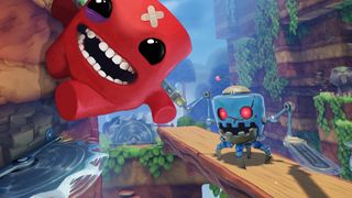 Super Meat Boy 3D; a red cartoon character runs along a wall