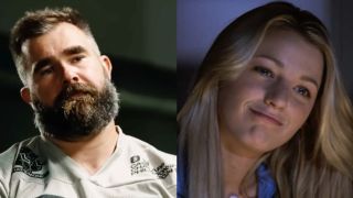 Side-by-side photo of Jason Kelce and Blake Lively