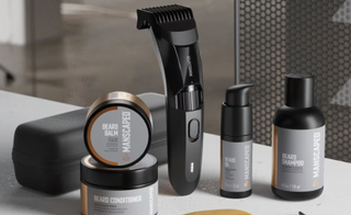 Photo of men shaving and skincare products
