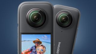 The Insta360 X3 camera on a blue background