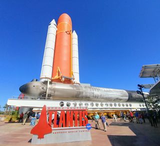 One of SpaceX's two Falcon Heavy rocket boosters is seen on display at the Kennedy Space Center Visitor Complex in Cape Canaveral, Florida in this photo by photographer Michael Seeley.