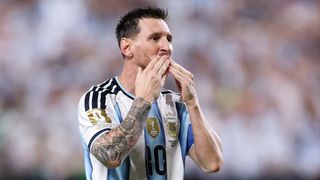 KANSAS CITY, MISSOURI - JUNE 16: Lionel Messi #10 of Argentina celebrates scoring his team's third and hat trick goal during the FIFA World Cup 2026 Group J match between Argentina and Algeria at Kansas City Stadium on June 16, 2026 in Kansas City, Missouri. (Photo by Michael Steele/Getty Images)