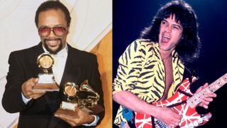 Left: Quincy Jones holds three Grammys in 1982 .Right: Eddie Van Halen performs onstage, January 18, 1984 