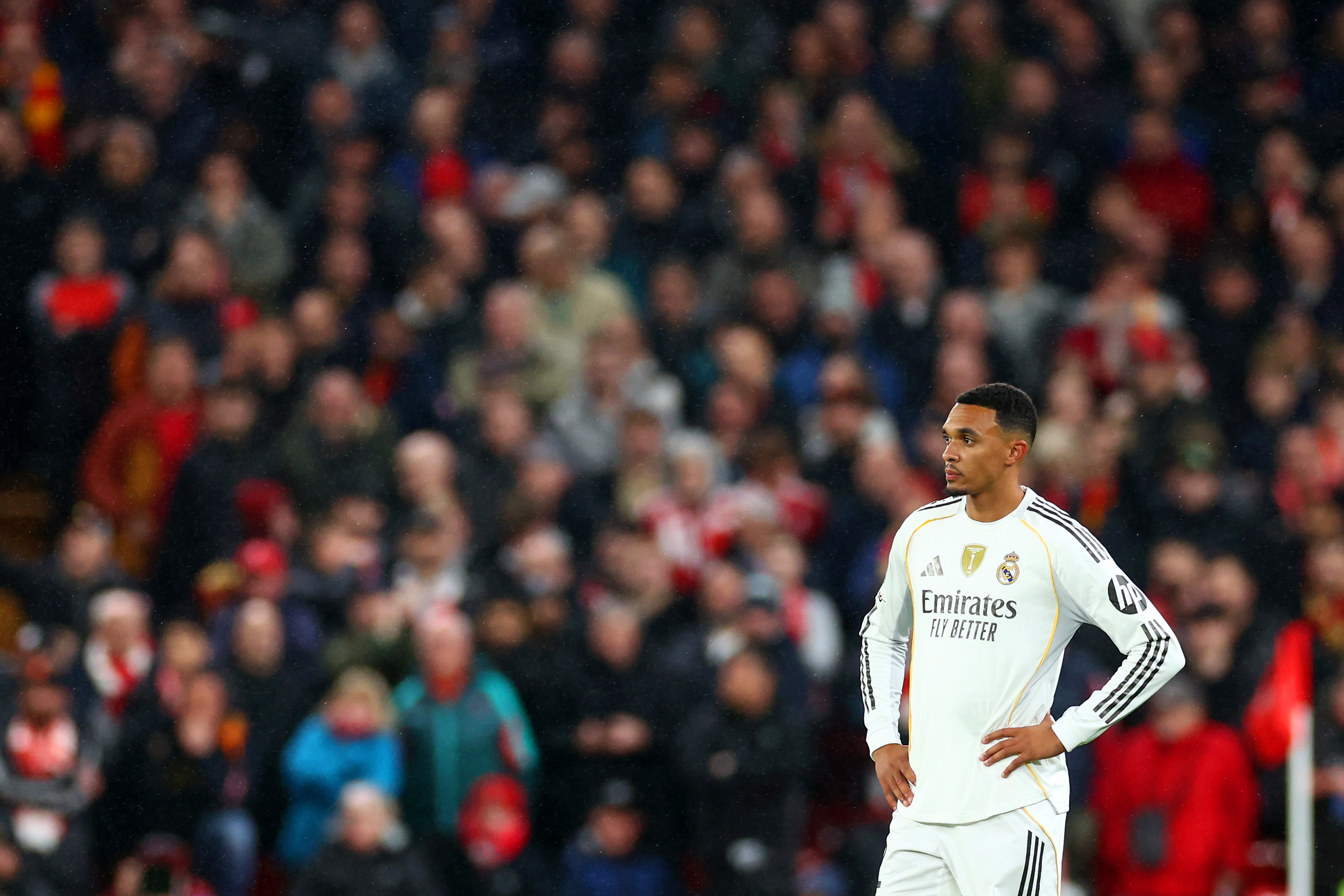 LIVERPOOL, ENGLAND - NOVEMBER 04: Trent Alexander-Arnold of Real Madrid looks on during the UEFA Champions League 2025/26 League Phase MD4 match between Liverpool FC and Real Madrid C.F. at Anfield on November 04, 2025 in Liverpool, England. (Photo by Chris Brunskill/Fantasista/Getty Images)