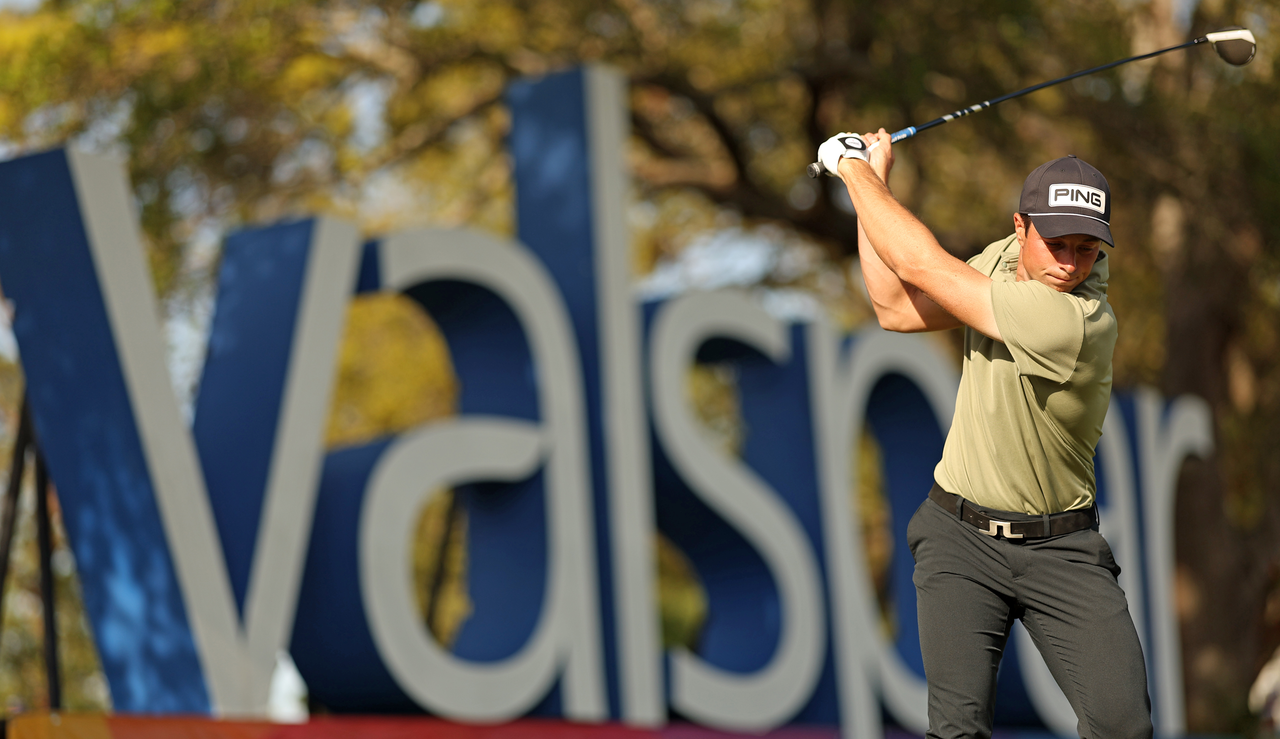 Viktor Hovland at the top of his backswing