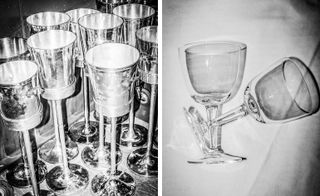 Pictured left: silver wine coolers designed by L. Garth and Ada Louise Huxtable, 1958–59 (auction estimate $1,000–1,500). Right: designed by L. Garth and Ada Louise Huxtable between 1958 and 1959, the stemware – some of which is in the collection of MoMA – also embraced a clean, modern aesthetic