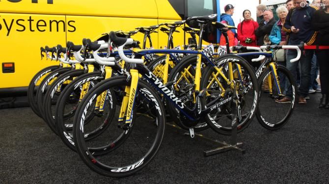 Tinkoff-Saxo's fleet of new Specialized S-Works Tarmacs lined up and at the ready before the start of stage 2