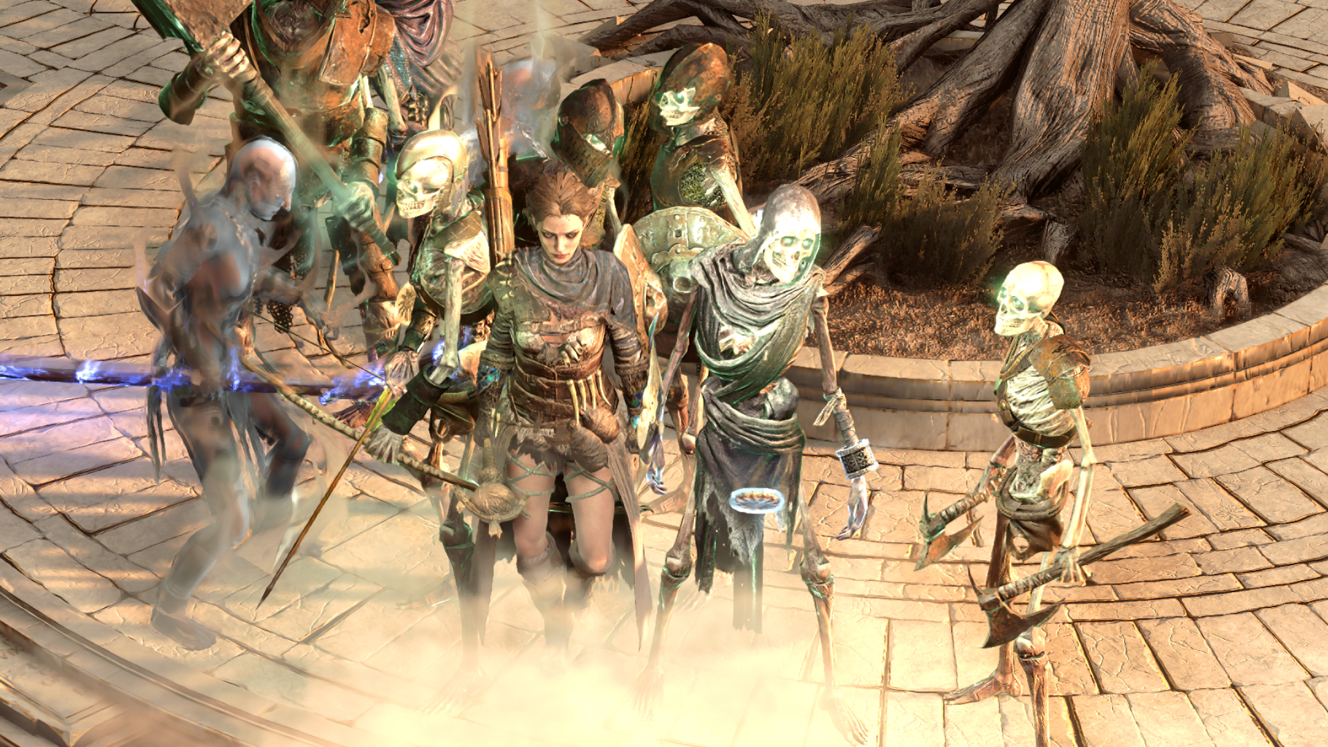 A screenshot of Path of Exile 2. A player character is surrounded by a posse of skeletal warriors standing on a marble walkway.
