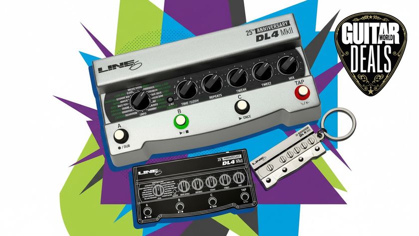 Line 6 DL4 MkII pedal on an angular purple blue and green background