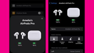 Two iPhone screens side by side showing AirPod Settings