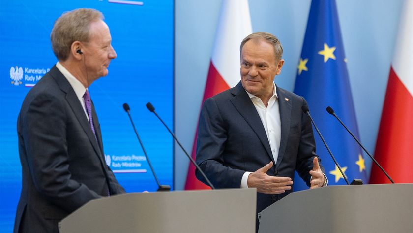 Poland&#039;s Prime Minister Donald Tusk (R) and Microsoft&#039;s Vice Chair and President Brad Smith (L) a joint press conference in the government building in Warsaw, Poland, on February 17, 2025.