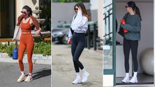 Split image of Kendall Jenner wearing leggings and sneakers
