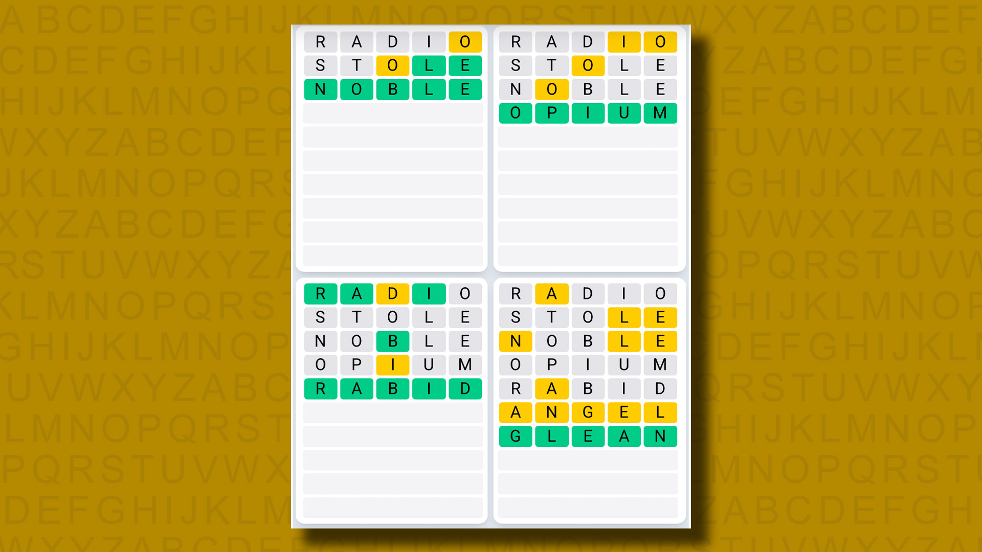 Quordle Daily Sequence answers for game 1216 on a yellow background