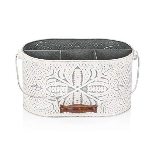 Craftsman Road Distressed White Metal Caddy &amp;ndash; Farmhouse Galvanized Kitchen Organizer With Handle &amp;ndash; Vintage Rustic Multi-Compartment Holder for Napkins, Plates, Cutlery, Flatware, Cleaning Supplies