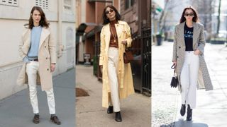 street style models wearing white jeans outfits with trench coats