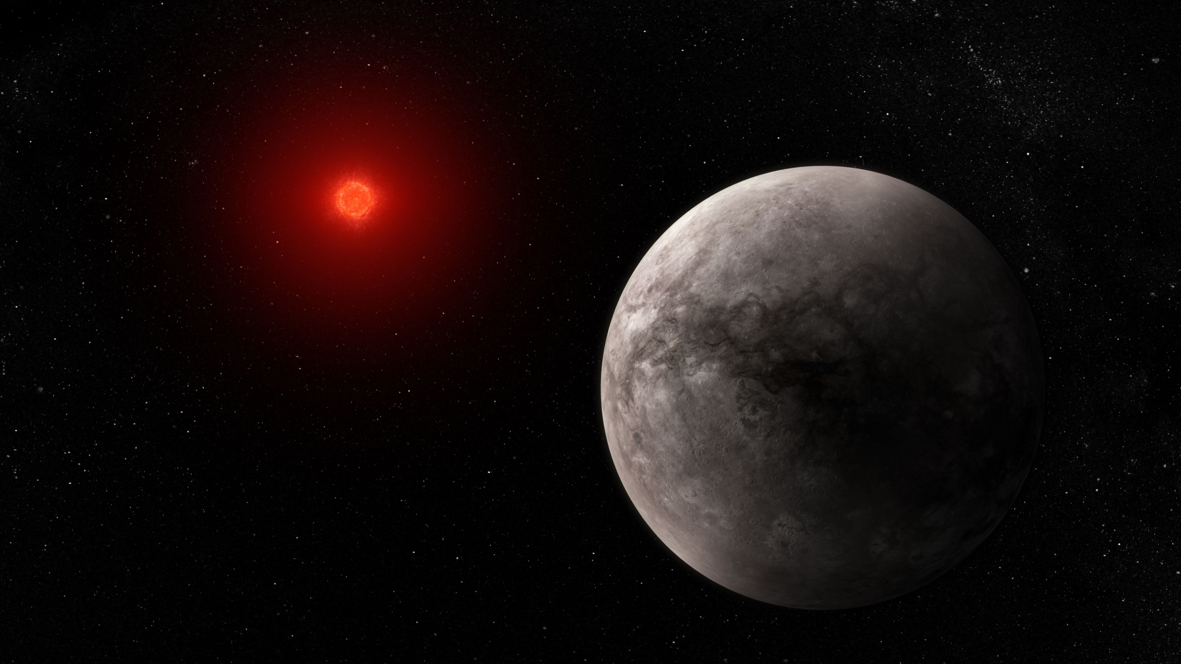 An illustration of a rocky, Earth-like planet soaking up heat from its small red sun