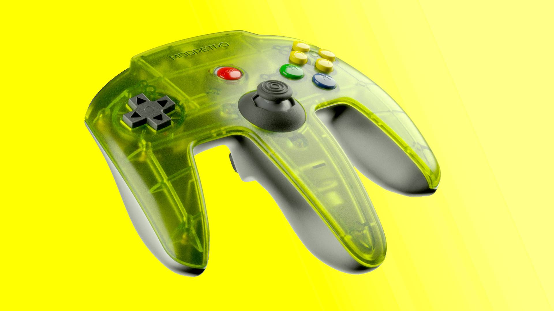Modretro M64 green controller at an angle.
