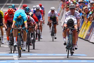 Peter Sagan throws his bike for the line to win stage 3 of the Tour Down Under ahead of Luis Leon Sanchez