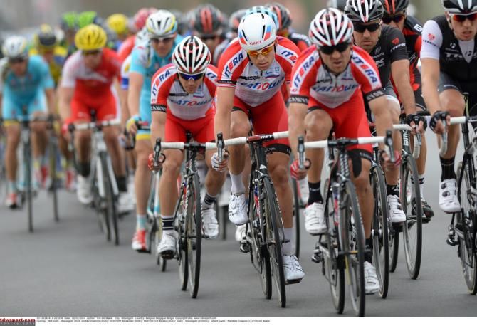 Kristoff is protected by Katusha teammates Vladimir Gusev and Alexey Tsatevitch