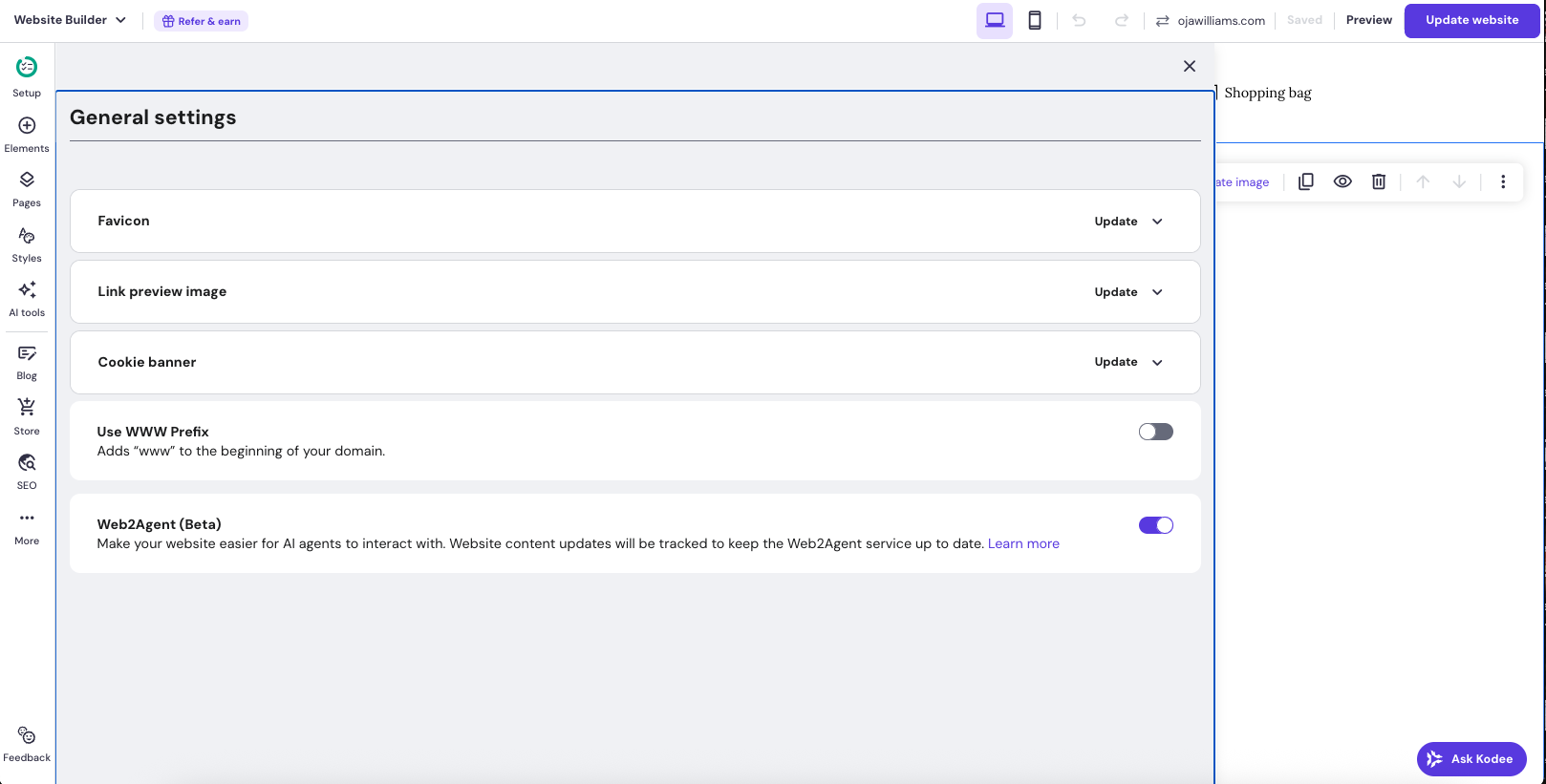 screenshot of Hostinger website builder dashboard with option for turning on web2agent