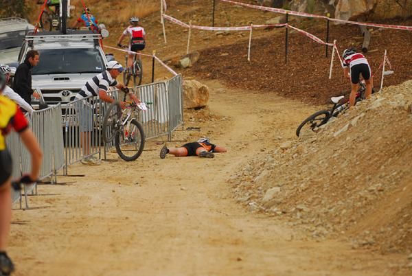 Katherine O'Shea lying on the track after coming out the worst in a mass fall.
