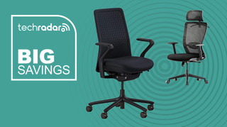 A Branch Verve and FlexiSpot ErgoX office chair on a cyan background next to a TechRadar badge reading 'Big Savings'