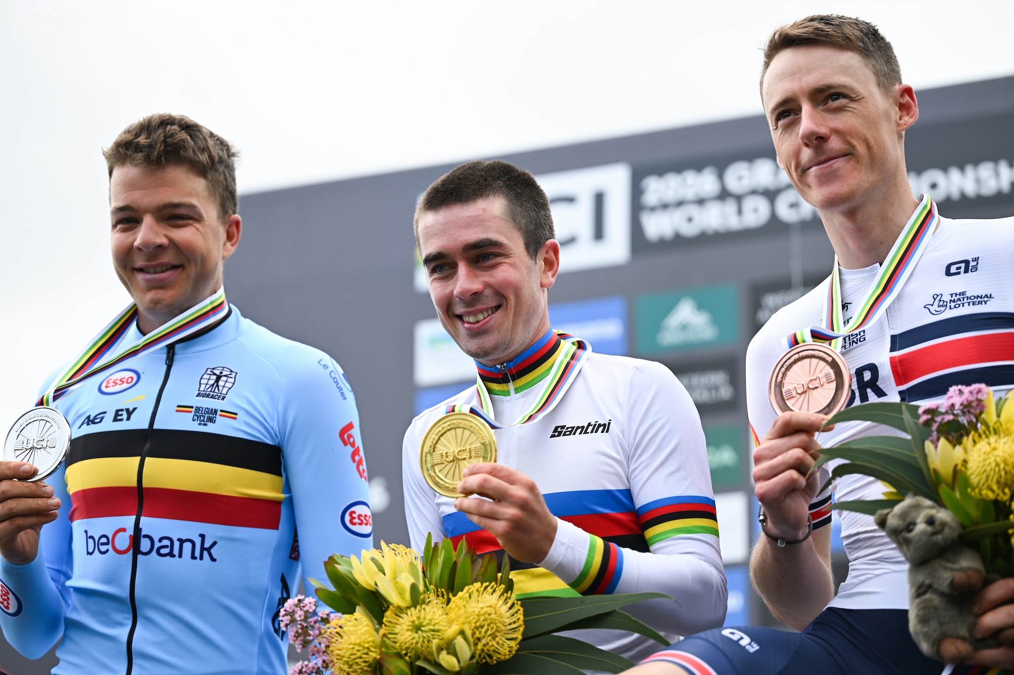 A winning Magnus Bak Klaris (Denmark) flanked by two WorldTour road professionals, Florian Vermeersch (Belgium) with silver and Connor Swift (Great Britain) with his second bronze