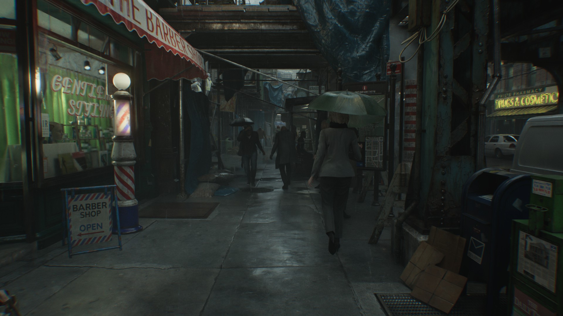 A busy street in Resident Evil Requiem.