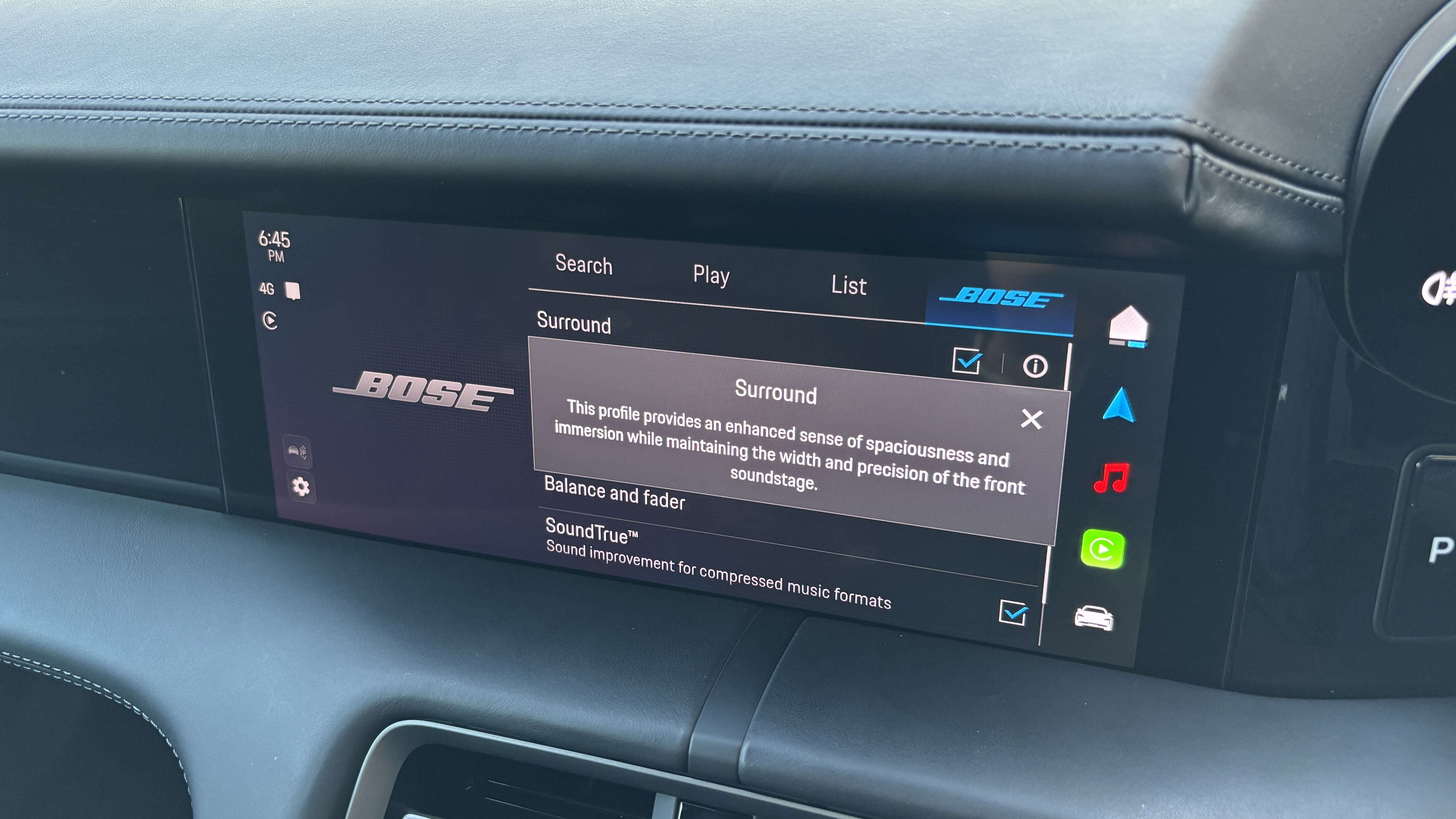 Bose Surround Sound audio menu on the display of a Porsche Taycan