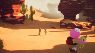 Peak Scouts running off in the Mesa biome with a few giant cacti and big rocks