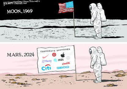 Editorial Cartoon Moon Landing American Flag Mars Corporate Sponsors