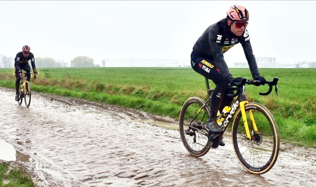 JumboVisma riders pictured during the reconnaissance of the track ahead of this years ParisRoubaix cycling race Thursday 06 April 2023 around Roubaix France The ParisRoubaix cycling race will take place on Sunday 09 April BELGA PHOTO DIRK WAEM Photo by DIRK WAEM BELGA MAG Belga via AFP Photo by DIRK WAEMBELGA MAGAFP via Getty Images