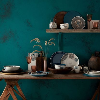 kitchen room with printed mandala tableware