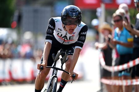 ABTWILL SWITZERLAND JUNE 18 Juan Ayuso of Spain and UAE Team Emirates crosses the finish line during the 86th Tour de Suisse 2023 Stage 8 a 257km individual time trial from St Gallen to Abtwil UCIWT on June 18 2023 in Abtwil Switzerland Photo by Tim de WaeleGetty Images