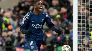 Ousmane Dembele of PSG celebrates scoring his penalty during a penalty shootout during Round of 16 Second Leg match, in March 2025