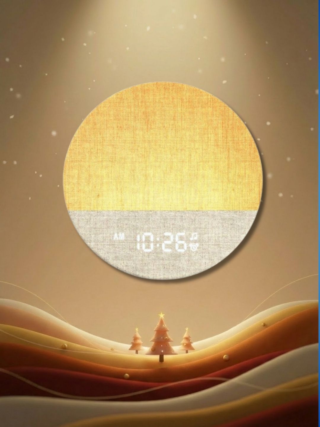 Yellow circular Dreamegg sunrise alarm clock on brown graphic background with gradient waves at bottom, three mini Christmas tress and stars