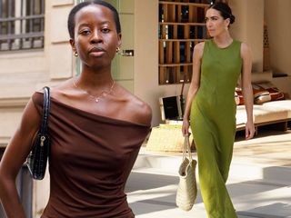 fashion collage featuring two style influencers Sylvie Mus and Jessica Skye wearing a green dress and a brown dress