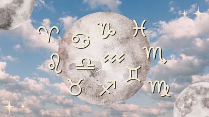 The zodiac signs and the full moon against a background of the cloudy sky