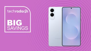 Samsung Galaxy S25 Edge on purple background with big savings text overlay