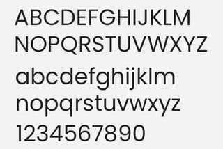 Sample alphabet in upper case and lower case typed out in Poppins font, a rounded font. Numbers 1-9 and then 0 are also typed out.