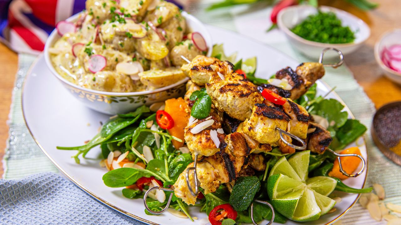 Ainsley's coronation kebabs with spiced potatoes and mango salad from Ainsley's Coronation Kitchen