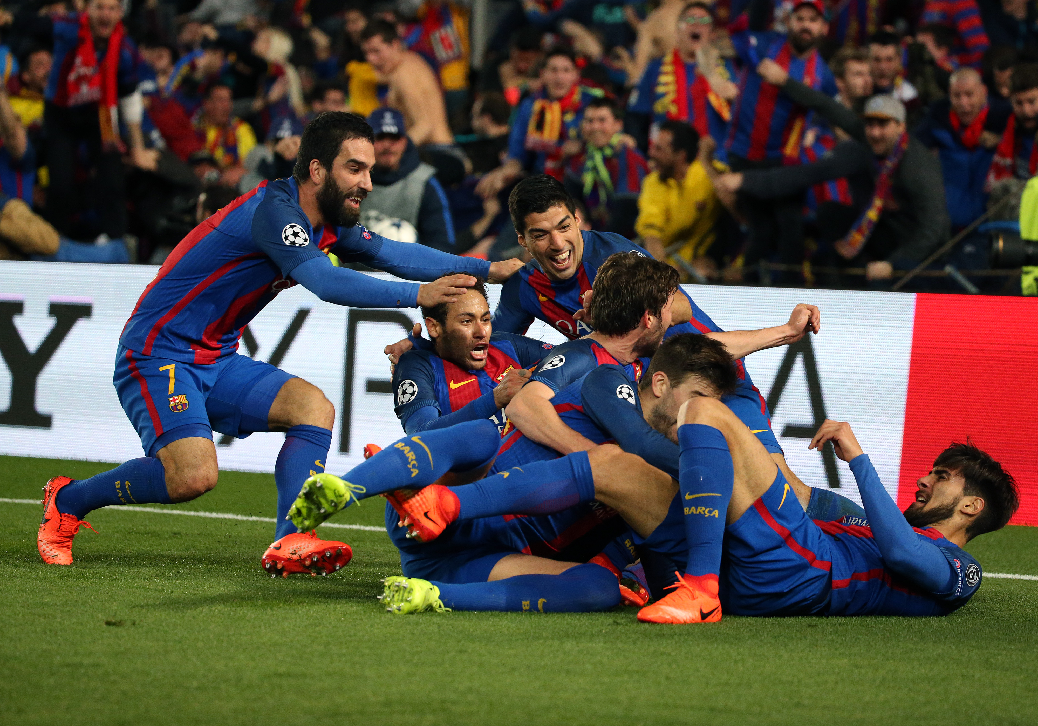 Sergi Roberto celebrates his epic late winner for Barcelona against Paris Saint-Germain in the Champions League last 16 with his team-mates at Camp Nou in March 2017.