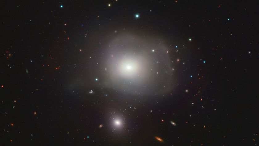 two wispy white clouds in space in front of hundreds of small colorful swirls of light