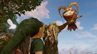 The Owl perches on a tree branch in The Legend of Zelda: Ocarina of Time remake as it converses with Young Link